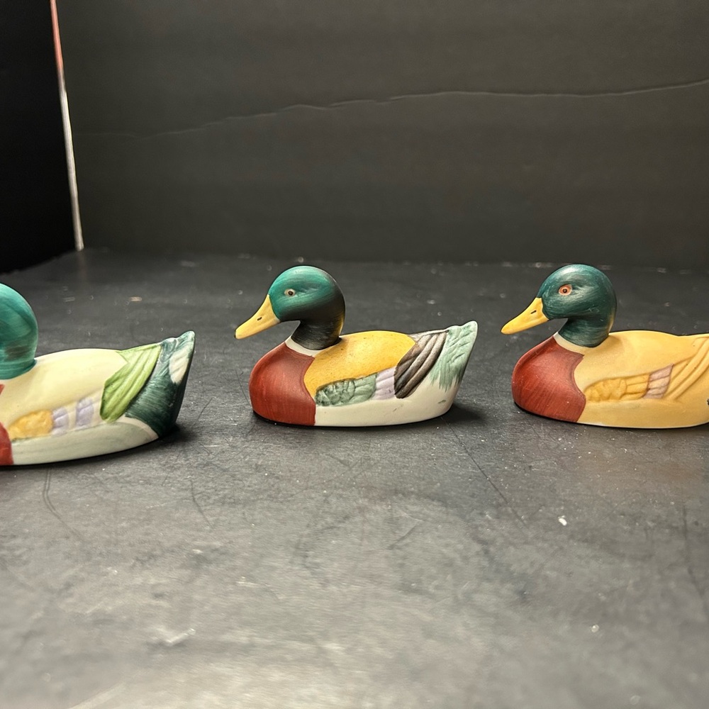 Set of 3 Hand-Painted Ceramic Mallard Duck Figurines - Green, Brown, Yellow